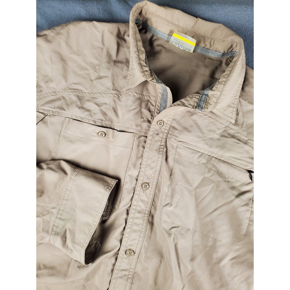 Cabelas Mens Vented Shirt Size 2XL Long Sleeve Fishing GREEN/ BEIGE Pockets